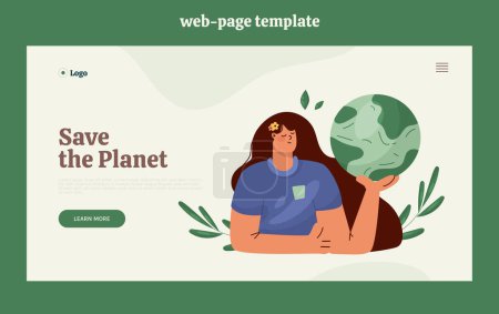 Foto de Guardar concepto de Ecología de la Tierra página web con la mujer joven sosteniendo un globo rodeado de hojas. Plantilla moderna. - Imagen libre de derechos