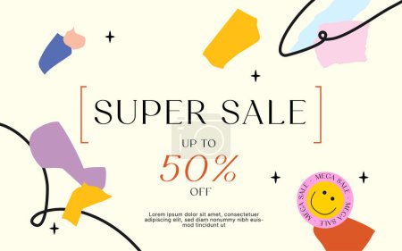 Playful Mega sale banner in flat style with abstract shapes and modern typography. Special discount offer brochure layout
