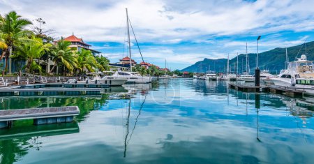 Photo for Luxury boats and yachts moored in marina of Eden Island Mahe Seychelles. - Royalty Free Image