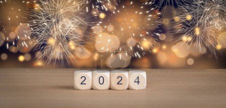 Photo for 2024 New Year Celebration concept with fireworks and blurred lights background. - Royalty Free Image