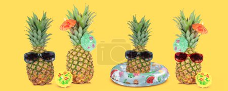 Téléchargez les photos : Concept tropical vacances d'été avec ananas stylés drôles isolés sur fond jaune. - en image libre de droit
