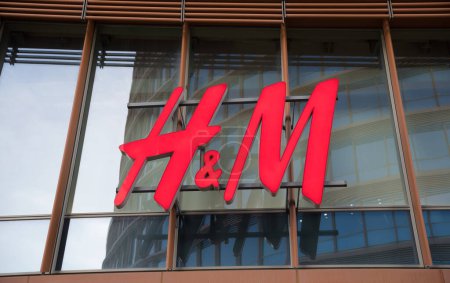 Photo for HM shop sign. HM shop logo on the facade of a building. - Royalty Free Image