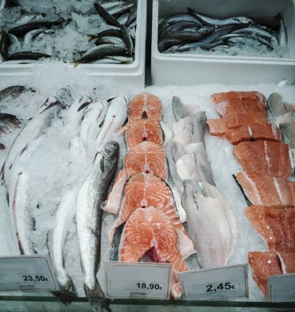 mucho pescado de mar en un mostrador con hielo con etiquetas de precios