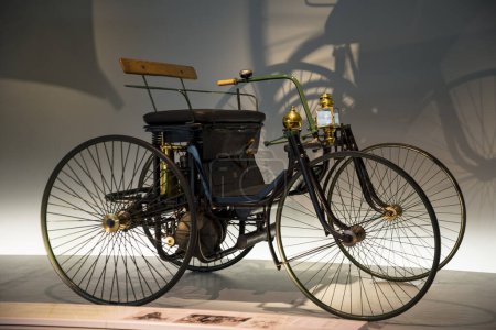 Photo for Stuttgart, Germany - December 13, 2017. Daimler motorized Quadricycle - the wire-wheel car in to Mercedes-Benz Museum. - Royalty Free Image