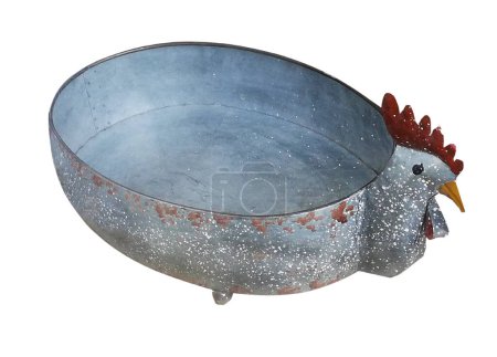 metal big vase in the shape of a chicken, used for decorating painted Easter eggs