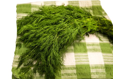 a bunch of dill on a green towel - close up