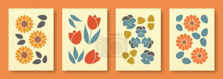 Illustration vectorielle abstraite nature morte de fleurs aux couleurs pastel. Collection d'art contemporain. Ensemble vectoriel de fleurs tournesol, tulipe, violet, zinnia pour les médias sociaux, affiches, cartes postales.