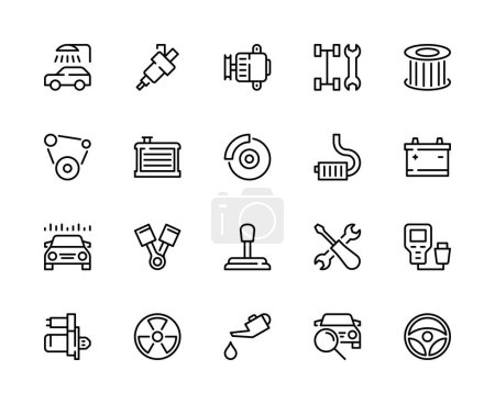 Car service linear vector icons set. Service station. Radiator, battery, piston, generator, car wash, filter, oil, injector, brake pads, chassis and much more. Car service icons collection.