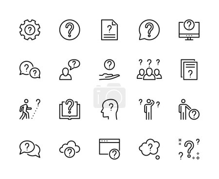 Questions and problems, ask and think, vector linear icons set. Contains icons such as doubt, insecure person, question mark, and more. Collection of questions for websites. Vector symbols set.