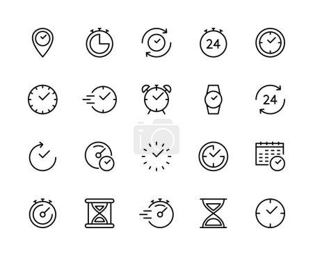 Illustration for Time and clock vector linear icons set. Time management. Timer, speed, alarm, recovery, time, clock, management, calendar and more. Isolated collection of time for web sites icon on white background. - Royalty Free Image
