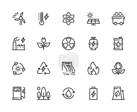 Illustration for Energy types vector linear icons set. Types of energy. Solar cells, water, hydroelectric, plant, fire, wind and more. Isolated collection of energy types for web sites icon on white background. - Royalty Free Image