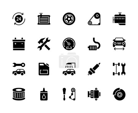 Illustration for Auto repair vector silhouette icons set. Car service. time, radiator, wheel, toothed belt, engine, battery, tool, speedometer, muffler, fuel and much more. Collection of car service icons. - Royalty Free Image
