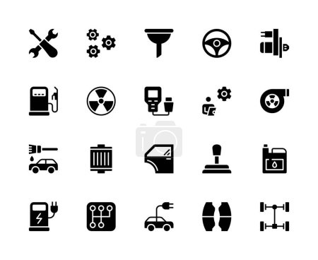 Illustration for Auto maintenance vector silhouette icons set. Car service. Gear, steering wheel, starter, gas station, fan, master, car painting, filter, gear knob and much more. Collection of car service icons. - Royalty Free Image