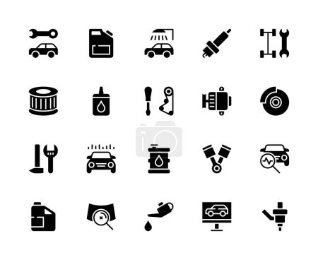 Illustration for Auto service vector silhouette icons set. Car service. Car wash, candle, adjustment, filter, wheel change, vulcanization, oil, tuning, generator, brake and much more. Collection of car service icons. - Royalty Free Image