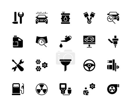 Illustration for Car repair and maintenance vector silhouette icons set. Car service. Tool, diagnostics, piston, chip, glass repair, replacement, topping up, injector and much more. Collection of car service icons. - Royalty Free Image