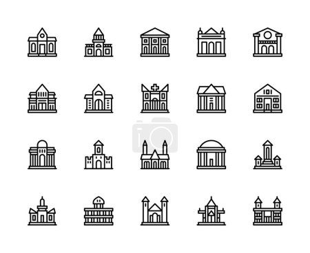 Illustration for Building and structures vector linear icons set. Contains such icons as castle, dacha, villa, bank, library, church, parliament and more. Isolated collection of buildings icons on white background. - Royalty Free Image
