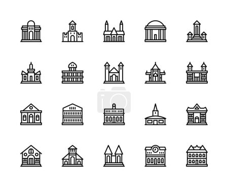 Illustration for Building and structures vector linear icons set. Contains such icons as station, shopping center, warehouse, castle, dacha, villa and more. Isolated collection of buildings icons on white background. - Royalty Free Image
