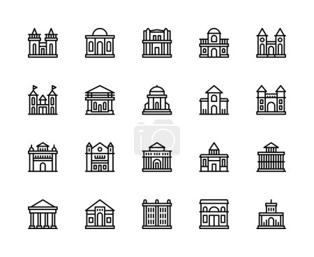 Illustration for Building and structures vector linear icons set. Contains such icons as church, house, office building, skyscraper, hotel, store and more. Isolated collection of buildings icons on white background. - Royalty Free Image