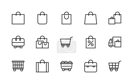Shopping bag and basket vector linear icons set. Contains such icons as delivery, trade, cart, sales, shopping bag, package and more. Isolated icon collection of bag and basket on white background.