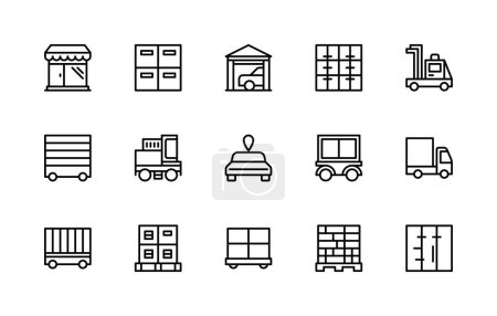 Cargo logistics vector linear icons set. Contains such icons as shop, stack of boxes, carrier, container, forklift and more. Isolated icon collection of cargo logistics icons on white background.