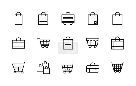Shopping bag and basket vector linear icons set. Contains such icons as sales, shopping bag, package, purchases, cart and more. Isolated icon collection of bag and basket on white background.