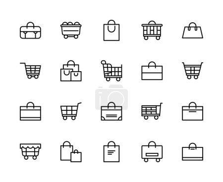 Shopping bag and basket vector linear icons set. Contains such icons as shopping bag, package, purchases, shopping cart and more. Isolated collection of bag and basket icons on white background.