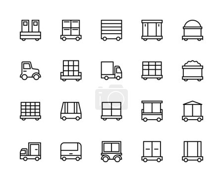 Logística y transporte de carga vector conjunto de iconos lineales. Contiene iconos como carga, carro, transporte, tractor, cajas y más. Colección aislada de iconos de logística de camiones sobre fondo blanco.