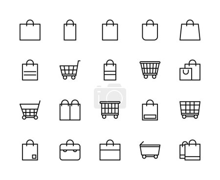 Shopping bag and basket vector linear icons set. Contains such icons as shopping bag, purchases, cart, shopping basket and more. Isolated collection of bag and basket icons on white background.