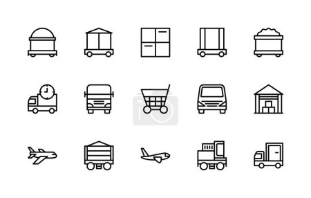 Cargo logistics vector linear icons set. Contains such icons as cargo, boxes, truck, transport, cart, airplane and more. Isolated icon collection of cargo logistics icons on white background.