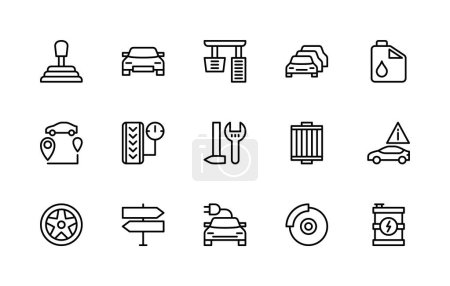 Automobil-Vektor lineare Symbole gesetzt. Enthält Symbole wie Getriebe, Auto-Nummer, Pedale, Autohaus, Öl, Kanister, Route, Schraubenschlüssel und vieles mehr. Sammlung autobezogener Symbole auf weißem Hintergrund.