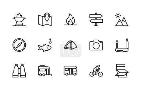 Lineare Icons für Outdoor-Reisevektoren eingestellt. Isolierte Ikonensammlung wie Feuer, Grill, Grill, Karte, Lagerfeuer, Richtung, Sonne, Berge und mehr. Isolierte Ikonensammlung von Outdoor-Reisen.