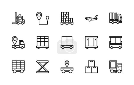 Cargo logistics vector linear icons set. Contains such icons as forklift, logistics center, boxes, air transportation and more. Isolated icon collection of cargo logistics icons on white background.