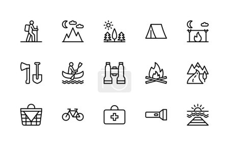 Outdoor travel vector linear icons set. Isolated icon collection such as tourist, backpacker, equipment, trail, path, Sun, forest, tent, fire and more. Isolated icon collection of Outdoor travel.