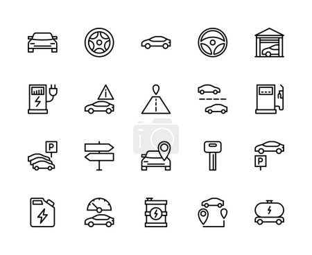 Conjunto de iconos lineales de vector de automóvil. Contiene iconos tales como automóvil, coche, rueda del coche, volante, luces del coche, señal de parada y más. Icono aislado colección de automóviles sobre fondo blanco.