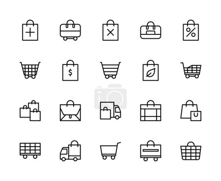 Shopping bag and basket vector linear icons set. Contains such icons as package, handbag, shopping bag, shopping cart and more. Isolated collection of bag and basket icons on white background.
