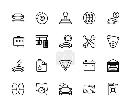 Automobil-Vektor lineare Symbole gesetzt. Enthält Symbole wie Automotor, Getriebe, Bremsen, Gaspedal, Auto-Nummer, Autohaus und vieles mehr. Isolierte Auto bezogene Symbole Sammlung auf weißem Hintergrund.
