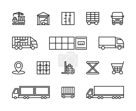 Lineare Symbole für Logistik und Frachttransport gesetzt. Enthält Symbole wie Hafen, Parkplatz, Container, Gabelstapler, Einkaufswagen und vieles mehr. Vereinzelte Sammlung von Ikonen der LKW-Logistik auf weißem Hintergrund.