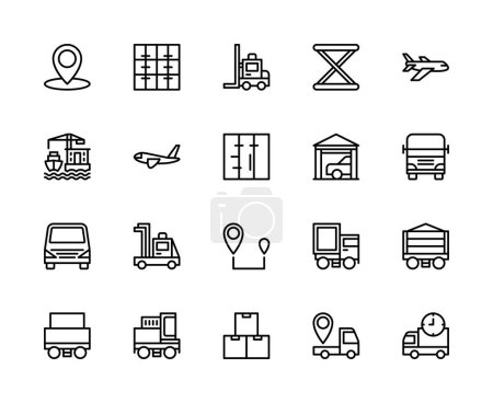 Lineare Symbole für Logistik und Frachttransport gesetzt. Enthält Symbole wie Luftverkehr, Eisenbahnwagen und vieles mehr. Vereinzelte Sammlung von Ikonen der LKW-Logistik auf weißem Hintergrund.