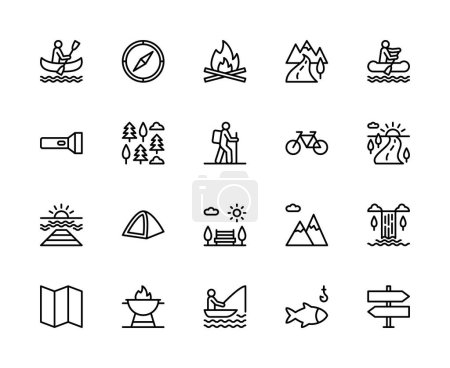 Juego de iconos lineales de vector de viaje al aire libre. Contiene iconos como viajes al aire libre, rafting, río, kayak, brújula, hoguera y más. Colección de iconos aislados de viajes al aire libre sobre fondo blanco.