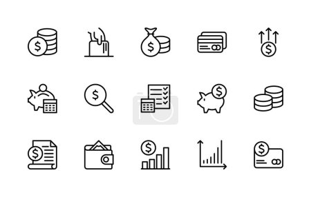 Money savings and finance vector linear icons set. Isolated icon collection such as money, dollar, currency, coins, hand, credit card, finance and more. Isolated icon collection of money related.