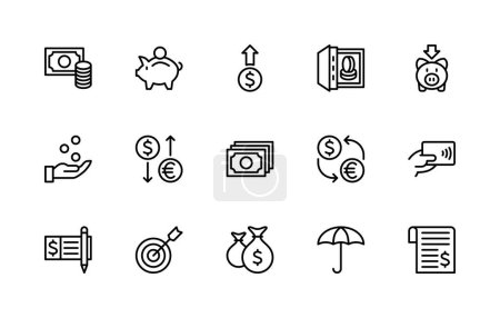 Money savings and finance vector linear icons set. Isolated icon collection such as money, bill, piggy bank, coin, dollar, profit, height, safe and more. Isolated icon collection of money related.