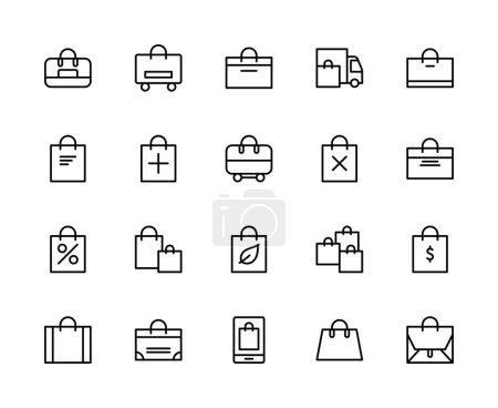 Shopping bag vector linear icons set. Contains such icons as eco-bag, package, bag with handles, sales, package, handbag, shopping bag and more. Isolated collection of bag icons on white background.
