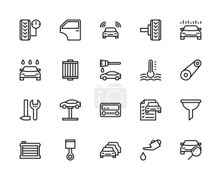 Automobile vector linear icons set. Contains such icons as car tires, automotive diagnostics, signaling, auto parts, lift, player and more. Isolated car related icons collection on white background.