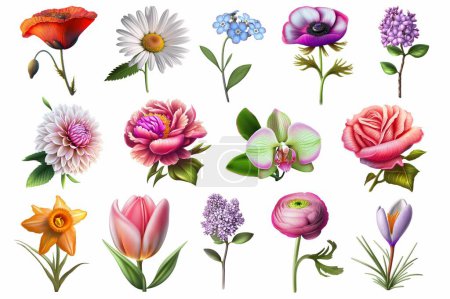 Téléchargez les photos : Ensemble d'icônes de fleurs isolées, éléments de design floral sur blanc, plantes de jardinage - en image libre de droit