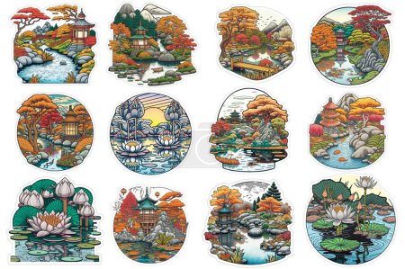 Set of cartoon stickers with illustrations of oriental Japanese autumn garden with a pond.