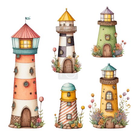 Colorful watercolor lighthouses set, landmark, cute cartoon collection, isolated on white background