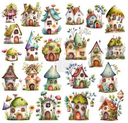 Fantasy set of cute cartoon fairy houses, watercolor elven houses isolated on white background, fairytale village