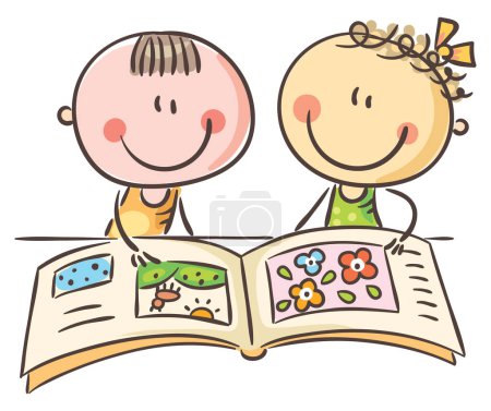 Illustration for Happy doodle kids reading a book together at the table, vector clipart illustration - Royalty Free Image