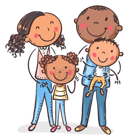 Ilustración de Happy family with children standing together, portrait of young family of four, cartoon vector illustration, isolated on white background - Imagen libre de derechos