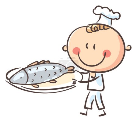 Téléchargez les photos : Kid cook preparing fish, cartoon clipart vector illustration - en image libre de droit